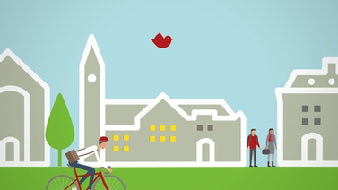 illustration of Cornell buildings with a bicyclist and red bird flying overhead