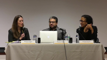 Bassam Haddad, Chantal Thomas and Rebekah Maggor participate in a panel discussion