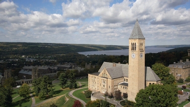 view of McGraw Tower with Cayuga Lake in the distance